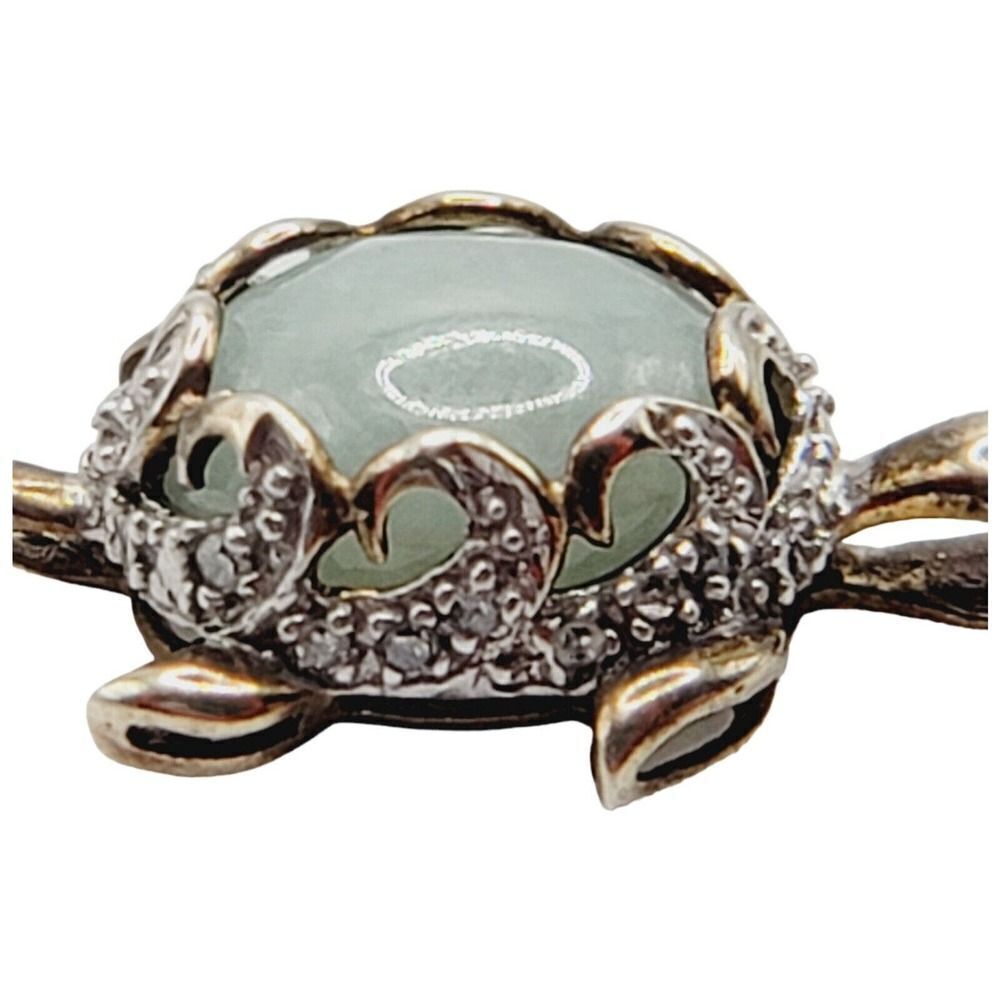 Sterling Silver 925 Vermeil Turtle Necklace Pendant Natural Jadeite and Diamonds - Picture 8 of 13